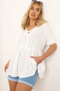 Yours Curve White Broderie Anglaise Bow Tie Front Peplum Top