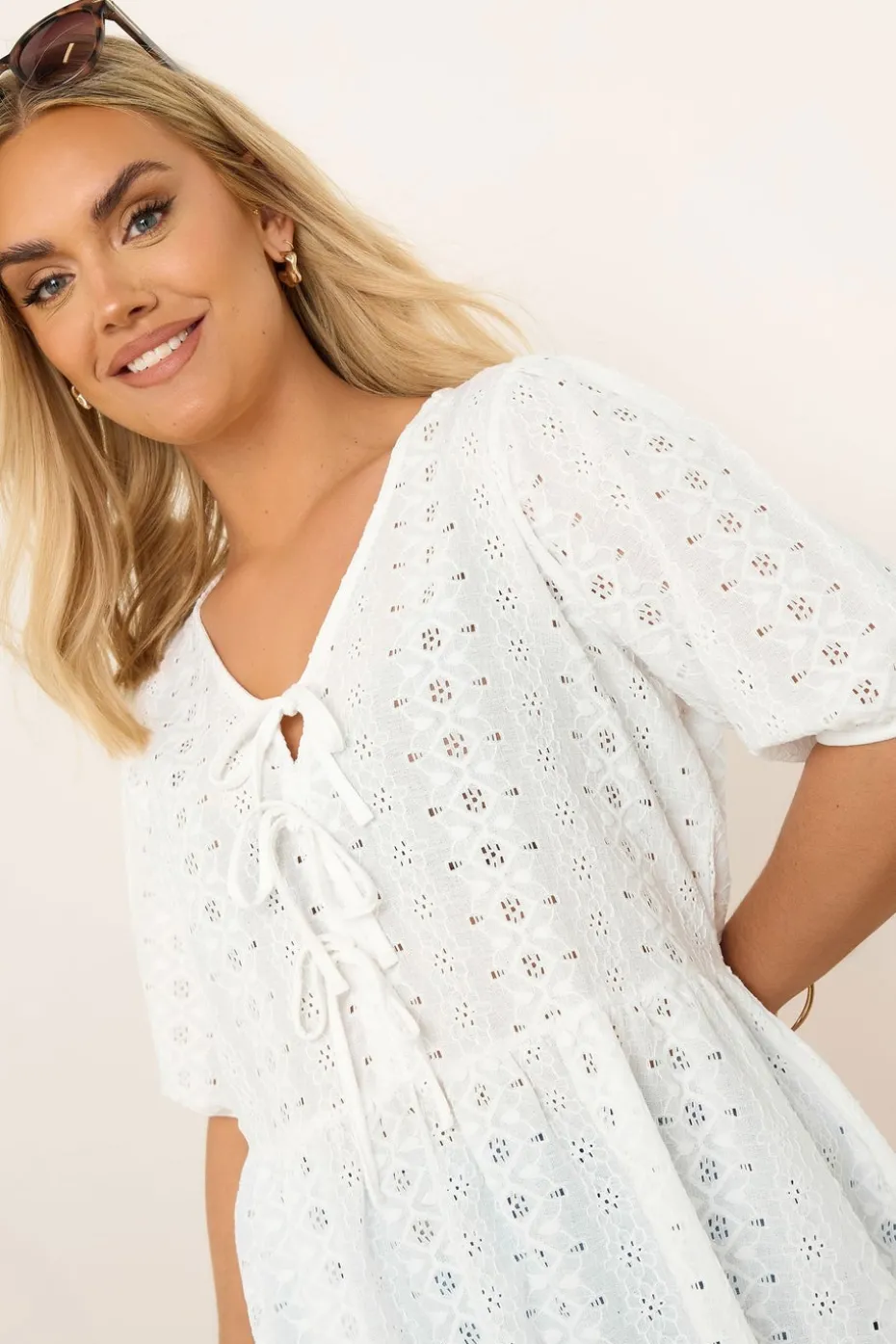 Yours Curve White Broderie Anglaise Bow Tie Front Peplum Top