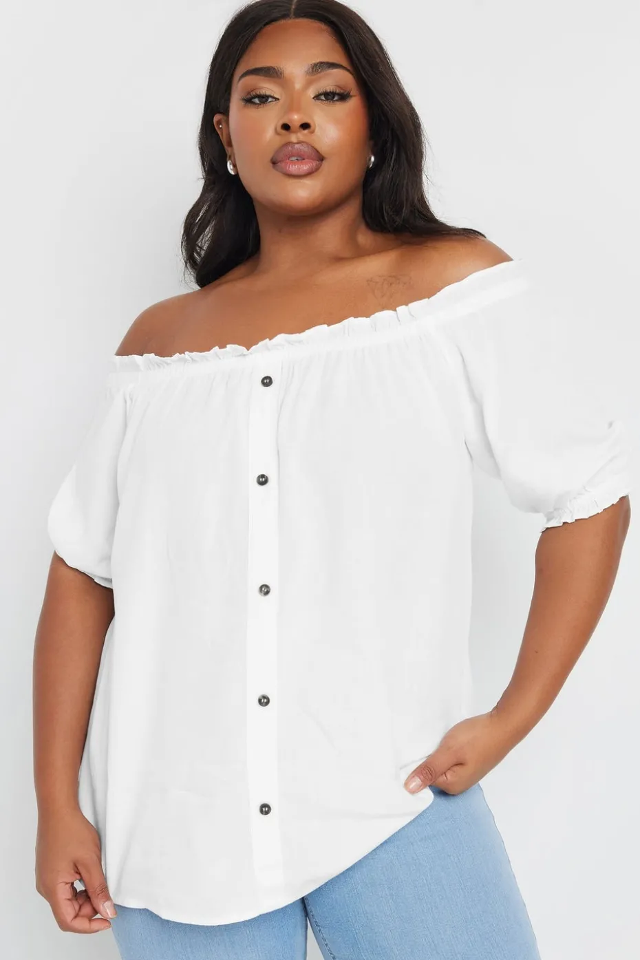 Yours Curve White Chambray Button Detail Bardot Top