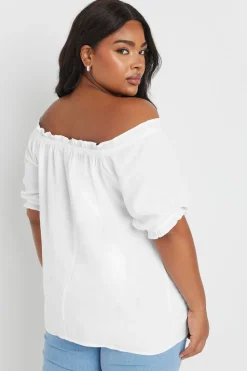 Yours Curve White Chambray Button Detail Bardot Top