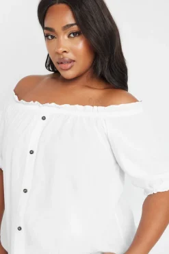 Yours Curve White Chambray Button Detail Bardot Top
