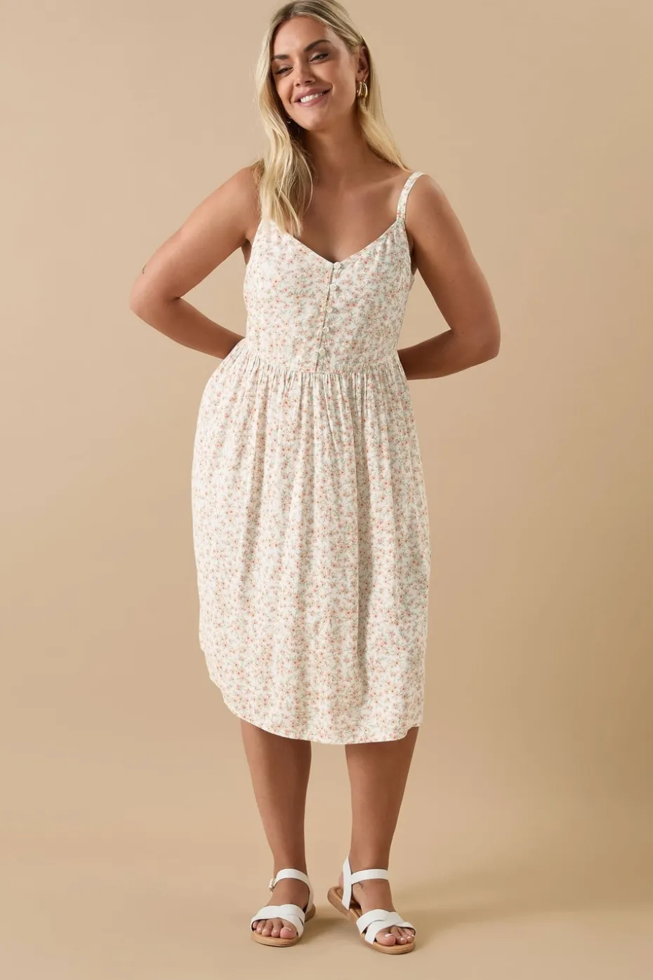 Yours Curve White Ditsy Floral Print Strappy Sundress