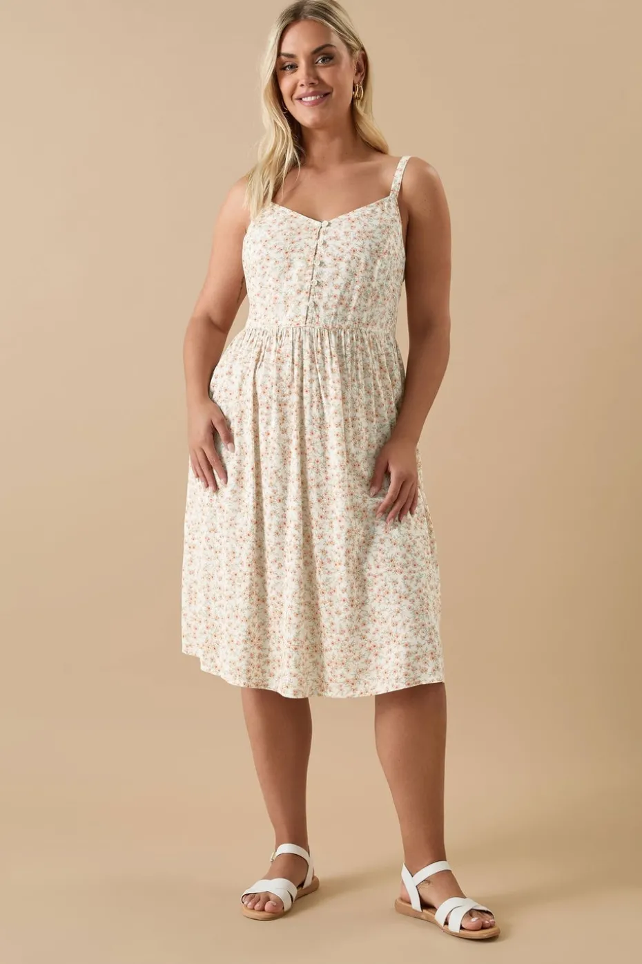 Yours Curve White Ditsy Floral Print Strappy Sundress