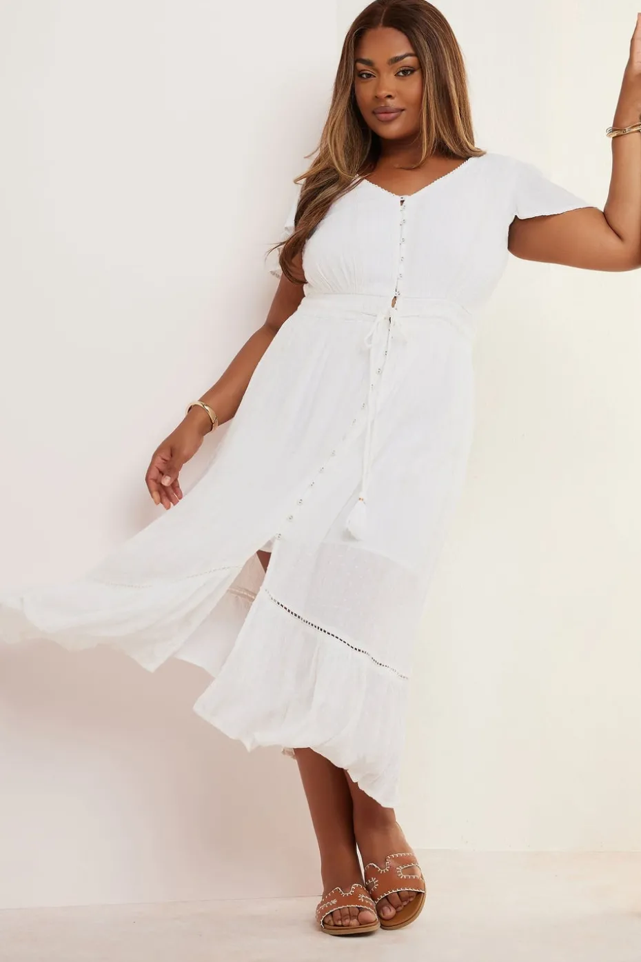 Yours Curve White Dobby Tie Front Maxi Dress
