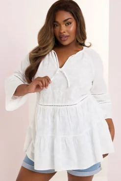 Yours Curve White Embroidered Tie Front Smock Blouse
