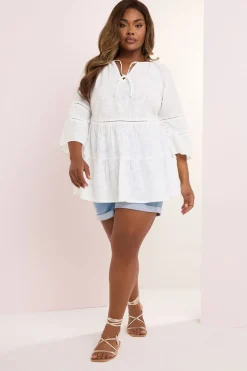 Yours Curve White Embroidered Tie Front Smock Blouse