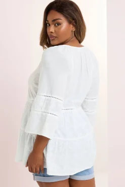 Yours Curve White Embroidered Tie Front Smock Blouse