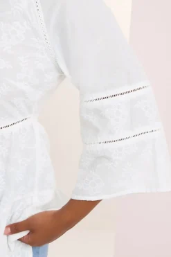 Yours Curve White Embroidered Tie Front Smock Blouse