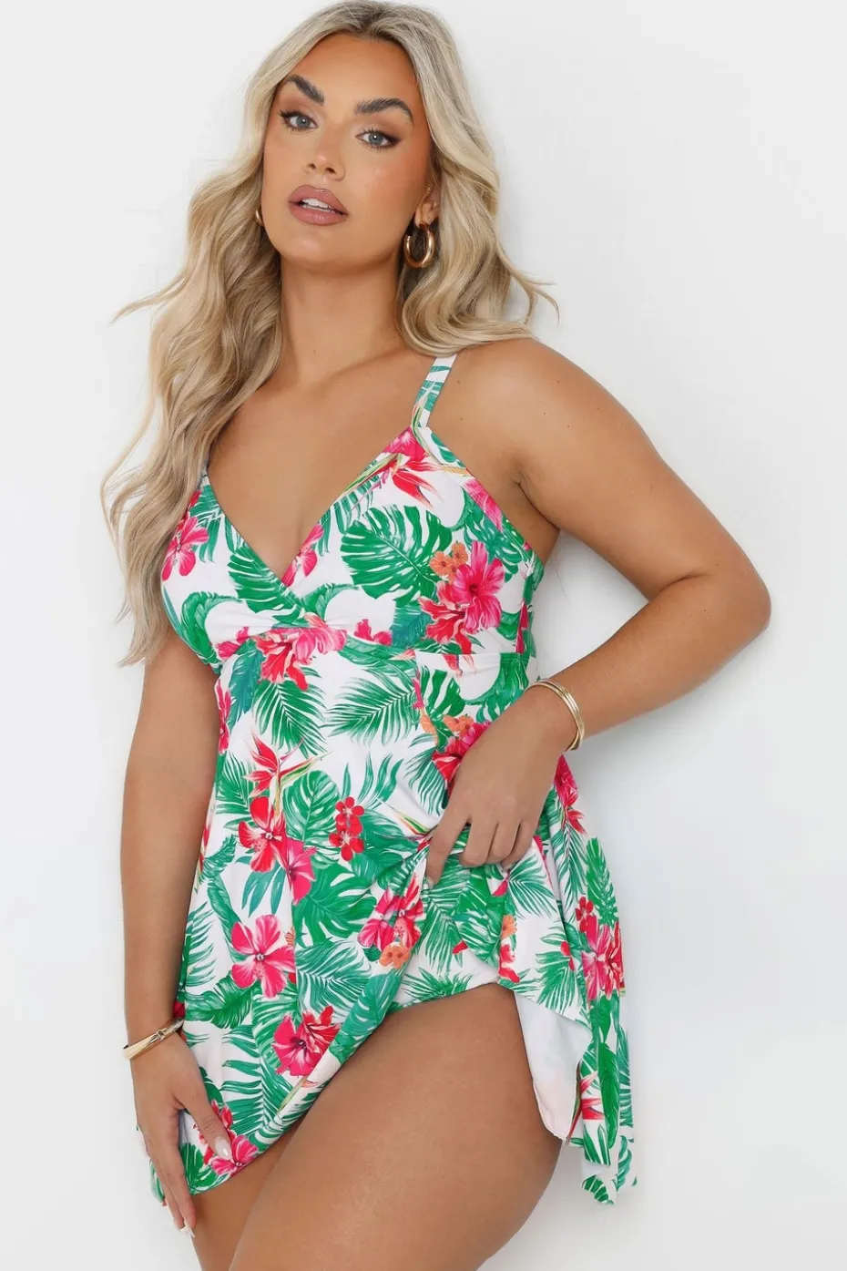 Yours Curve White Tropical Print Swimdress