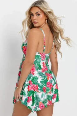 Yours Curve White Tropical Print Swimdress