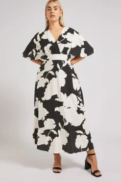 Yours London Curve Black Floral Print Linen Look Wrap Midaxi Dress