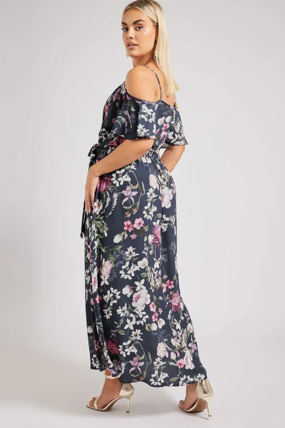 Yours London Curve Navy Blue Floral Cold Shoulder Wrap Dress