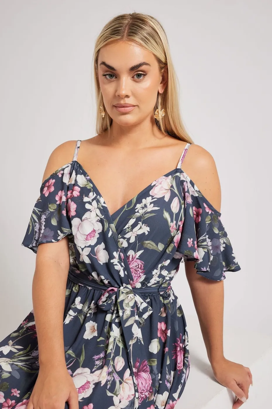 Yours London Curve Navy Blue Floral Cold Shoulder Wrap Dress
