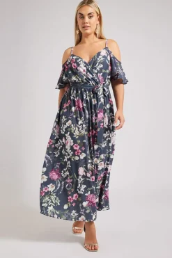 Yours London Curve Navy Blue Floral Cold Shoulder Wrap Dress