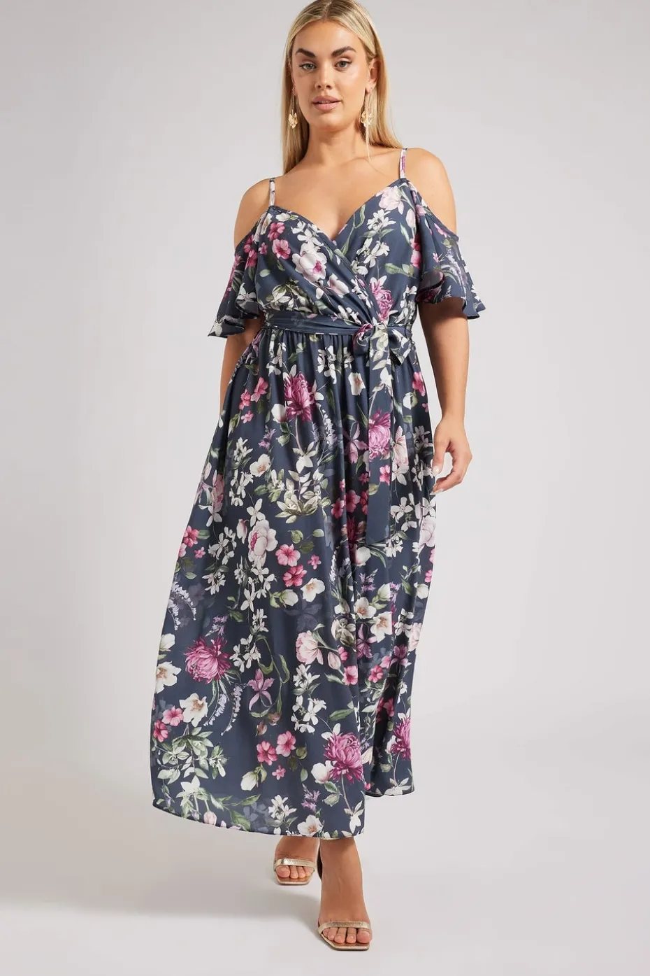 Yours London Curve Navy Blue Floral Cold Shoulder Wrap Dress