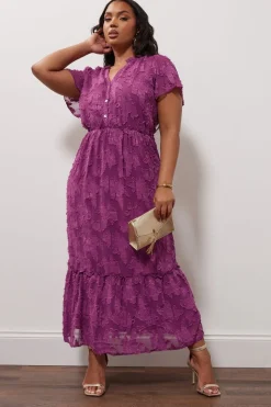 Yours London Curve Purple Burn Out Jacquard Ruffle Dress