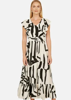 Yumi Beige Abstract Print Viscose Midi Dress With Matching Belt