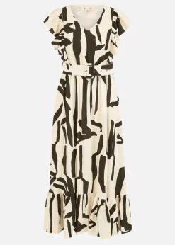 Yumi Beige Abstract Print Viscose Midi Dress With Matching Belt