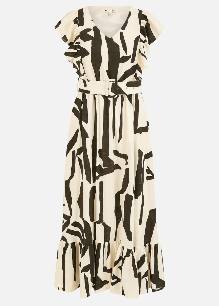 Yumi Beige Abstract Print Viscose Midi Dress With Matching Belt