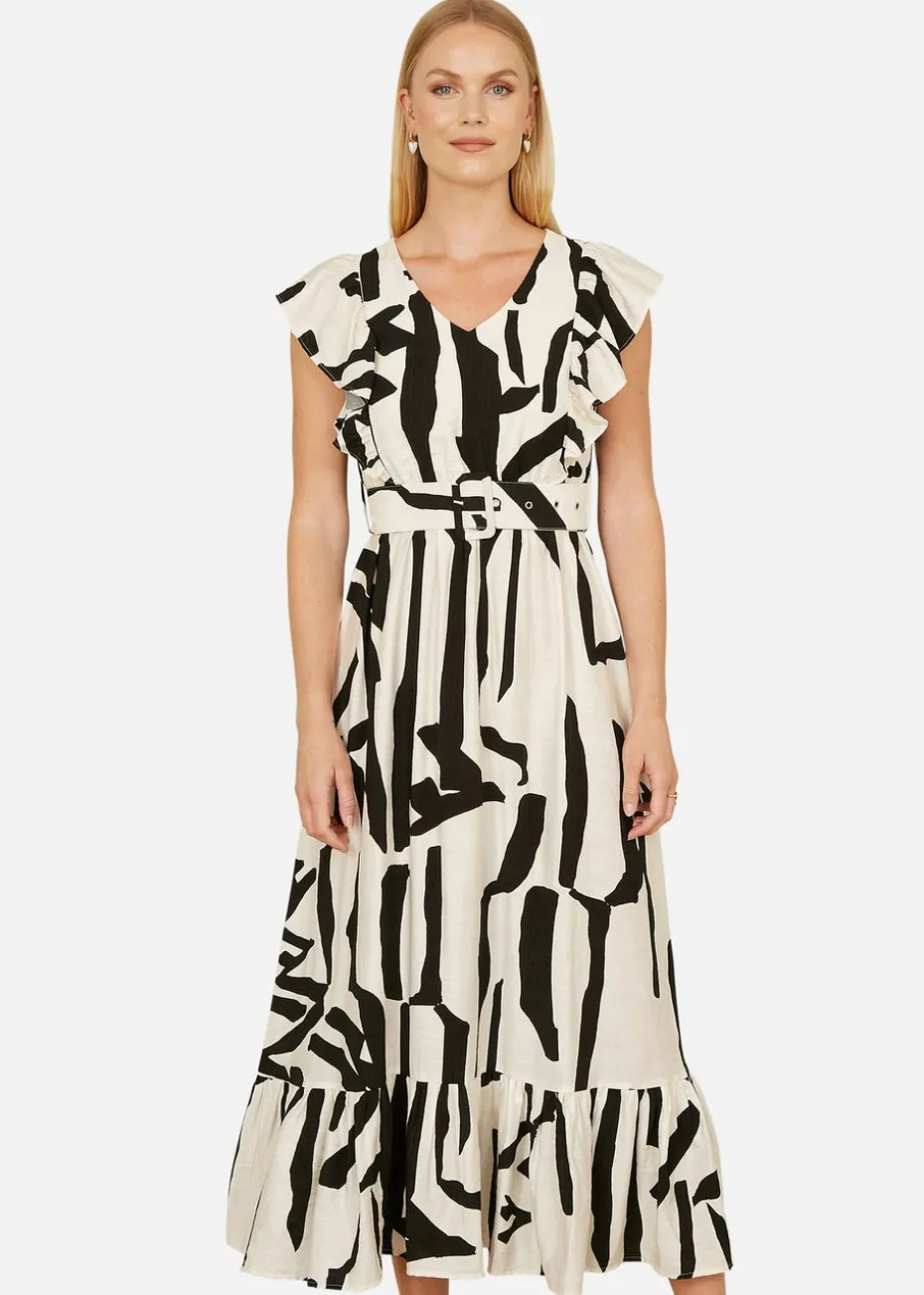 Yumi Beige Abstract Print Viscose Midi Dress With Matching Belt