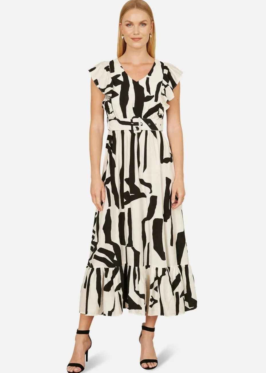 Yumi Beige Abstract Print Viscose Midi Dress With Matching Belt