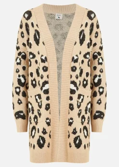 Yumi Beige Animal Print Intarsia Knit Long Cardigan