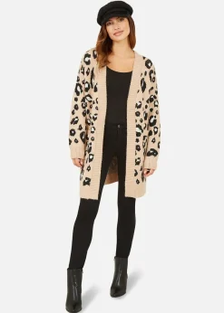 Yumi Beige Animal Print Intarsia Knit Long Cardigan