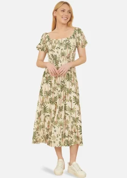 Yumi Beige Cotton Palm Print Ruched Midi Dress