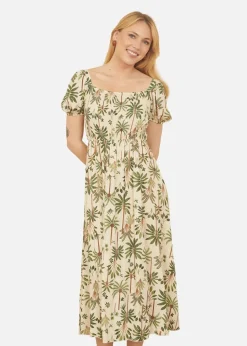 Yumi Beige Cotton Palm Print Ruched Midi Dress