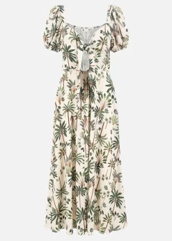 Yumi Beige Cotton Palm Print Ruched Midi Dress