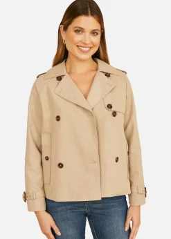 Yumi Beige Cropped Trench Jacket With Pockets & Check Lining