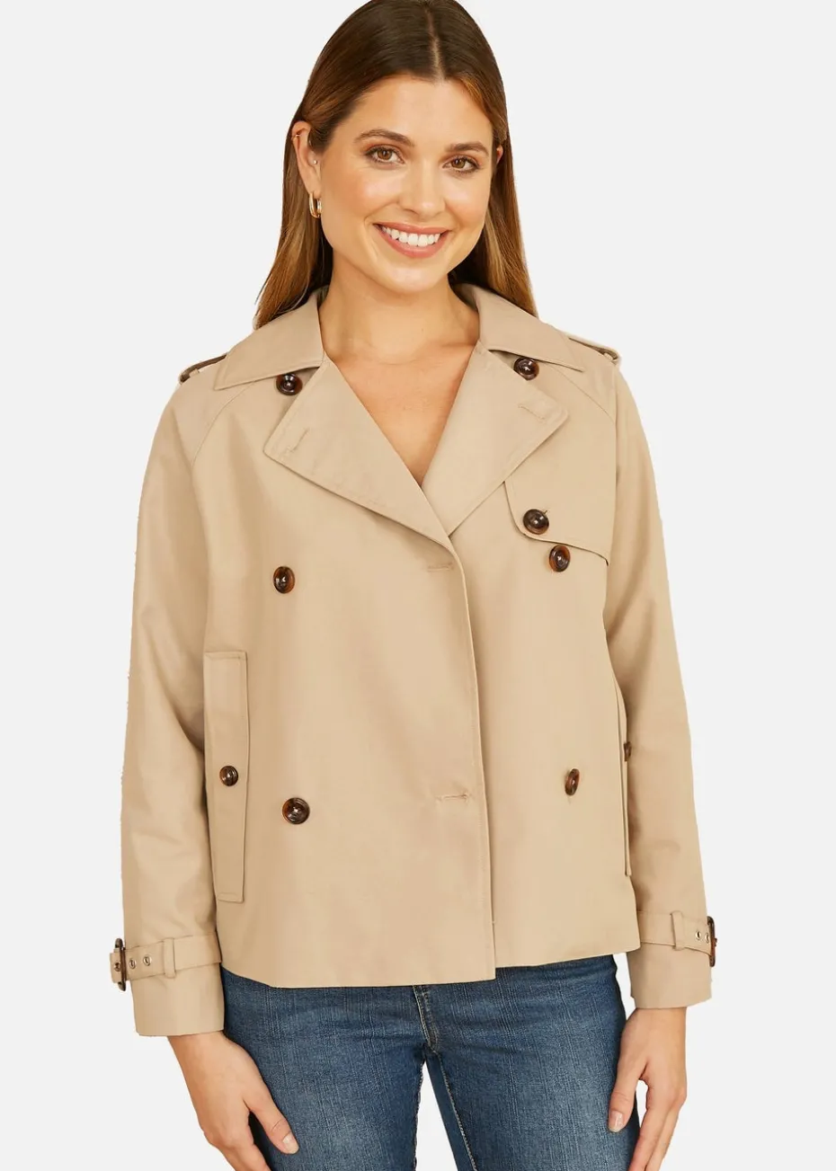 Yumi Beige Cropped Trench Jacket With Pockets & Check Lining