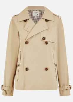 Yumi Beige Cropped Trench Jacket With Pockets & Check Lining