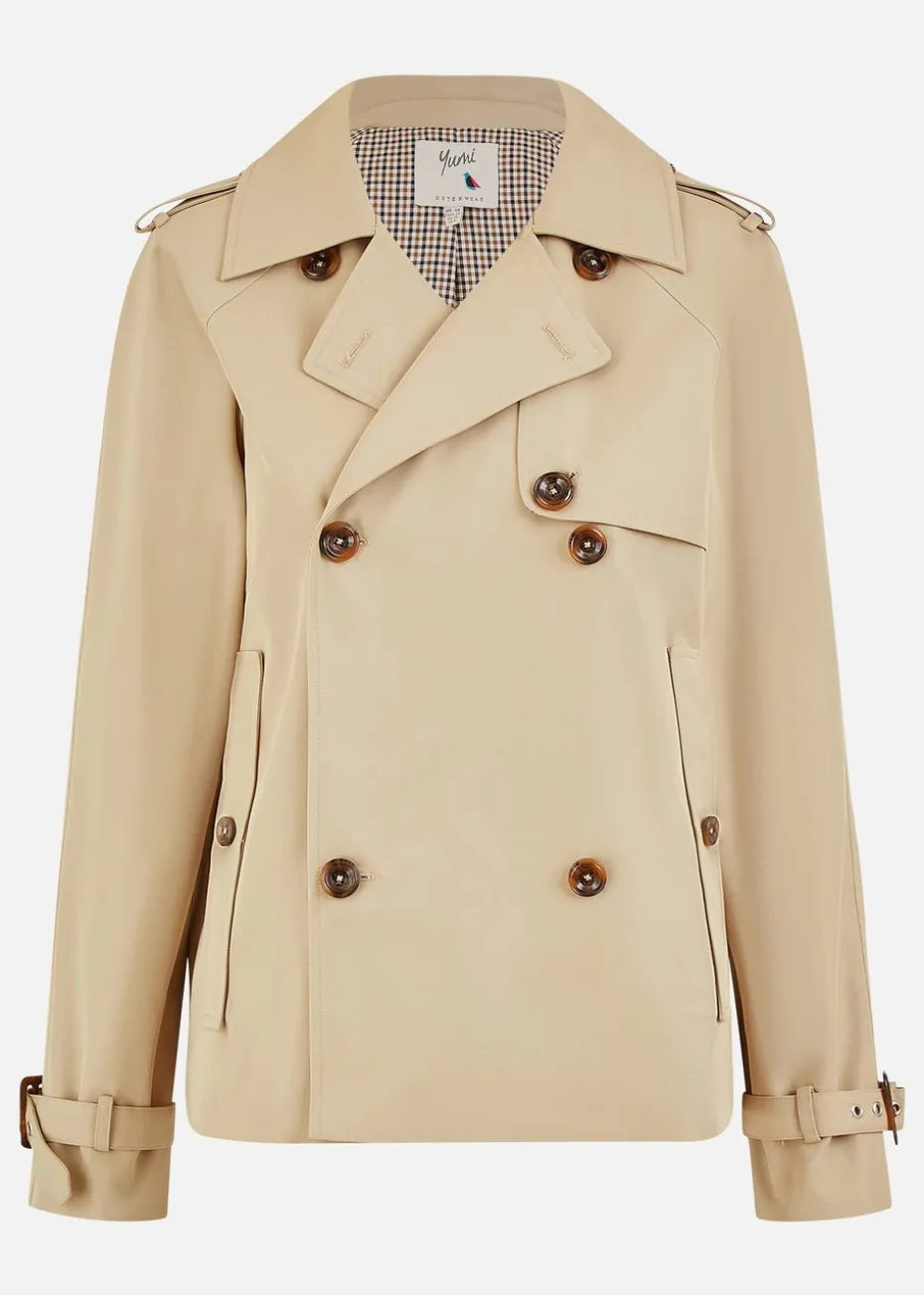 Yumi Beige Cropped Trench Jacket With Pockets & Check Lining