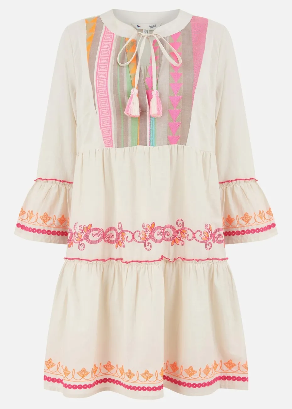 Yumi Beige Embroidered Cotton Tunic