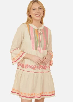 Yumi Beige Embroidered Cotton Tunic