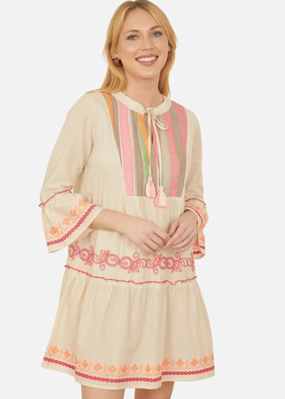 Yumi Beige Embroidered Cotton Tunic