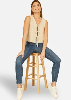 Yumi Beige Knitted Tie Detail Knitted Waistcoat