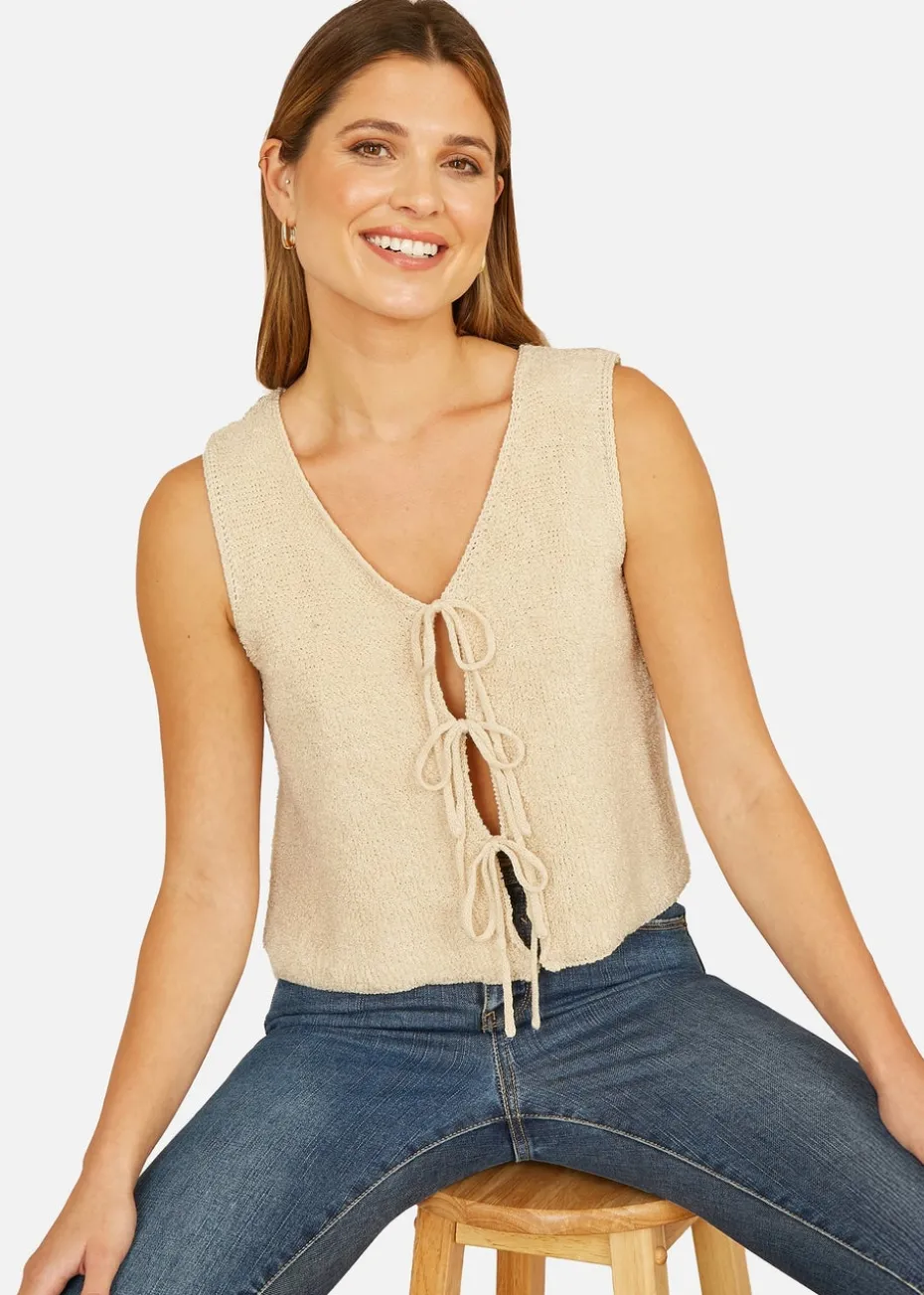 Yumi Beige Knitted Tie Detail Knitted Waistcoat