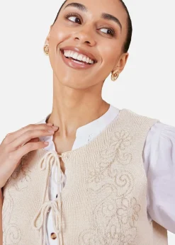 Yumi Beige Knitted Tie Front Waistcoat With Floral Details