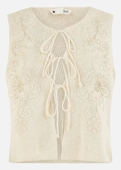 Yumi Beige Knitted Tie Front Waistcoat With Floral Details