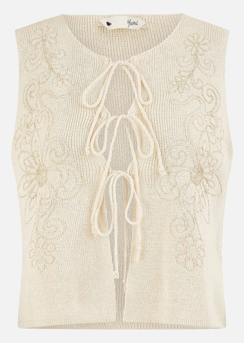 Yumi Beige Knitted Tie Front Waistcoat With Floral Details