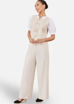 Yumi Beige Knitted Tie Front Waistcoat With Floral Details