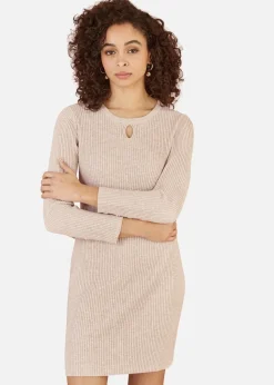 Yumi Beige Rib Knit Tunic Dress With Button Cuffs & Cut Out Detail