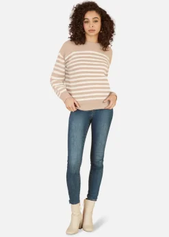 Yumi Beige Stripe Knitted Relaxed Jumper With Button Details