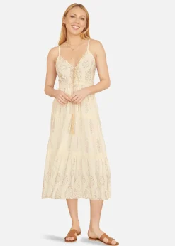 Yumi Beige Viscose Paisley Print Lace Trim Midi Sun Dress