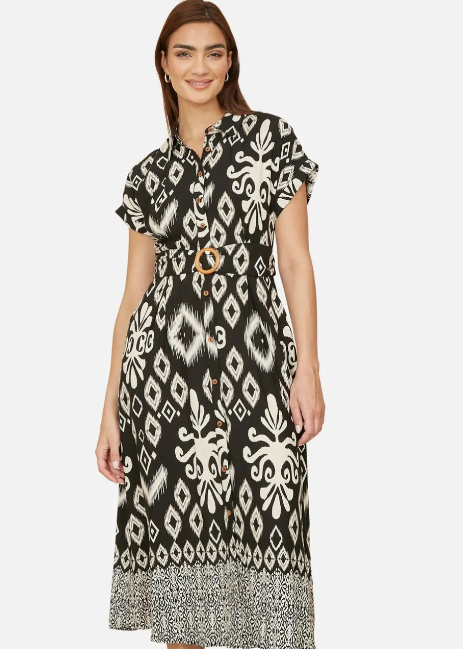 Yumi Black Abstract Geo Print Relaxed Midi Shirt Dress With Belt
