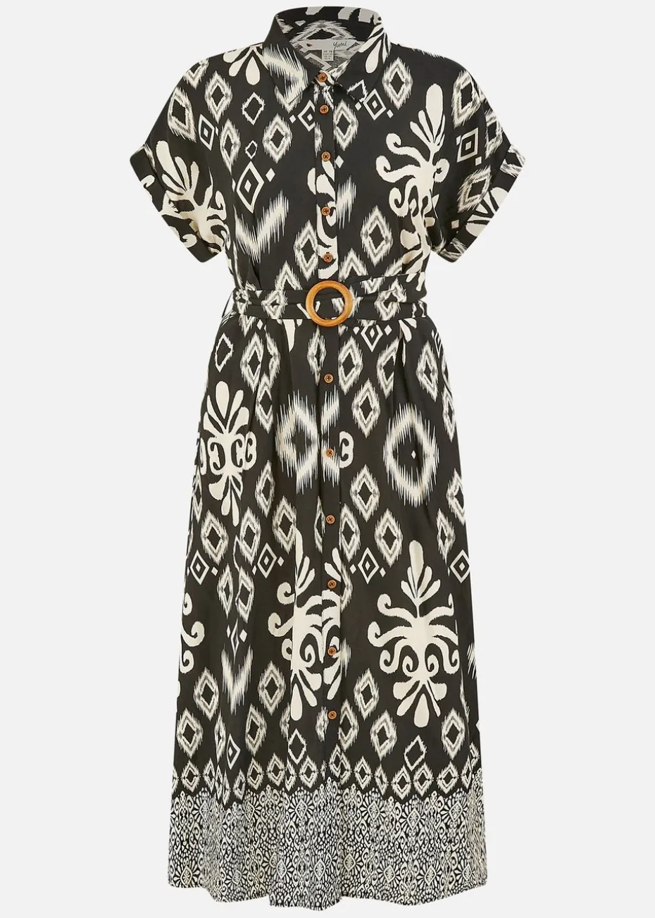 Yumi Black Abstract Geo Print Relaxed Midi Shirt Dress With Belt