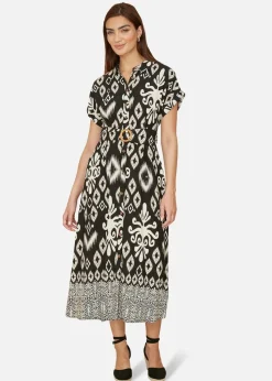 Yumi Black Abstract Geo Print Relaxed Midi Shirt Dress With Belt