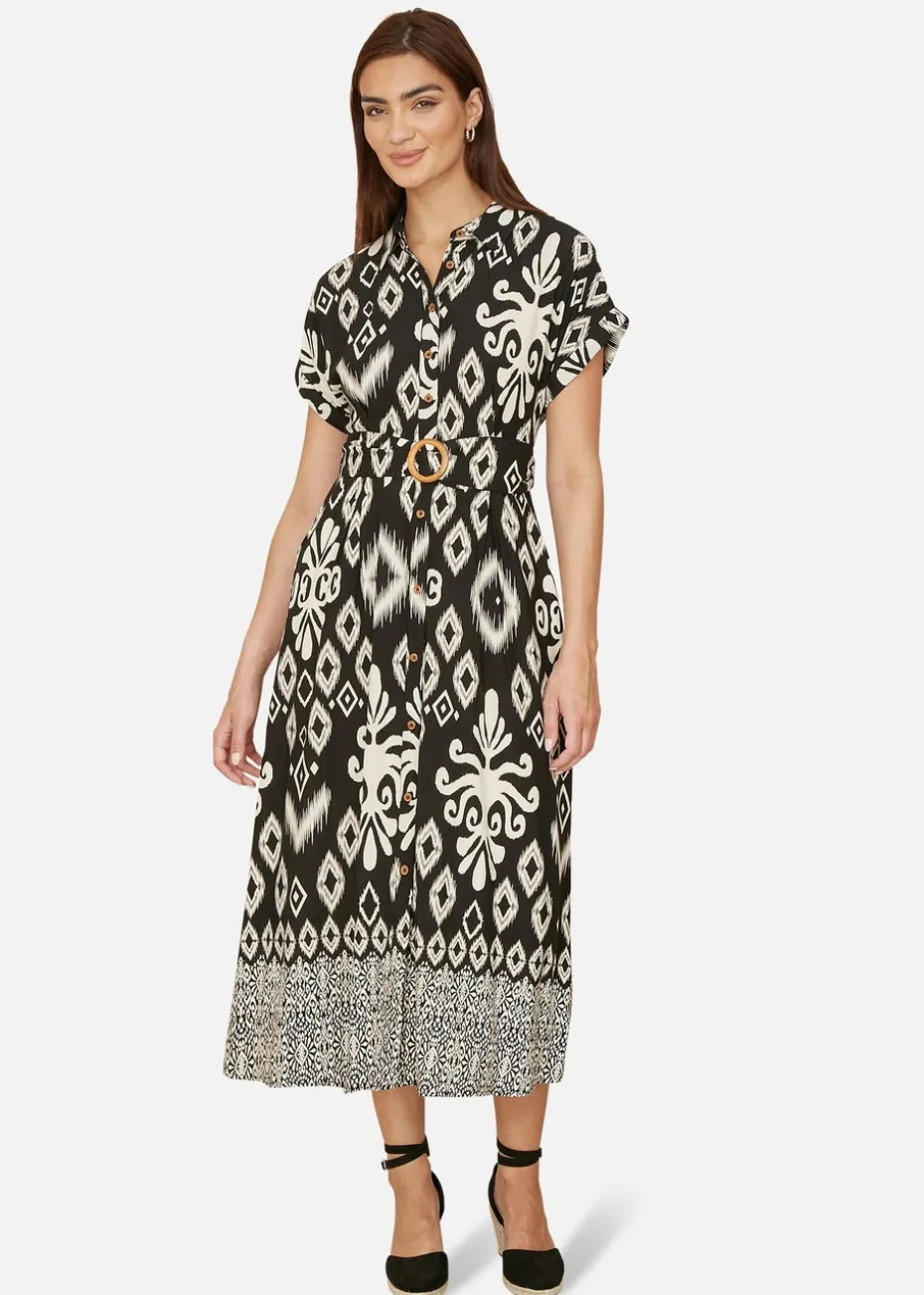 Yumi Black Abstract Geo Print Relaxed Midi Shirt Dress With Belt